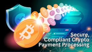 Illustration of a Bitcoin and other cryptocurrencies flowing into fiat currency through a secure payment system with shield protection and digital interface, representing compliant crypto payment processing.